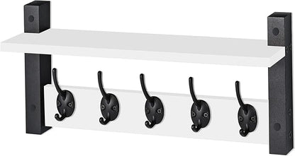 Sorbus Coat Hooks Wall Mount with Shelf – 16 Inch Coat Rack Wall Mount with 5 Heavy Duty Hooks – Floating Wall Shelf with Hooks for Entryway, Bathroom, Bedroom, Kitchen, or Mudroom (White)