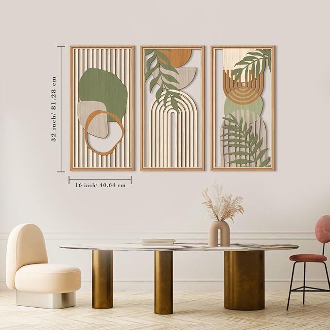 IARTTOP Large Boho Wood Wall Art Framed Mid-century Modern Wooden Wall Decor Set of 3 Green Bohemian Abstract Wall Art Decor For Bedroom Living Room Office-16 x32