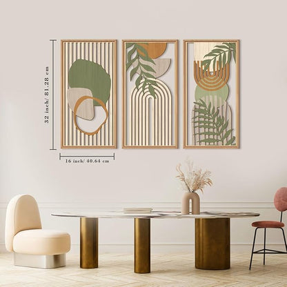 IARTTOP Large Boho Wood Wall Art Framed Mid-century Modern Wooden Wall Decor Set of 3 Green Bohemian Abstract Wall Art Decor For Bedroom Living Room Office-16 x32