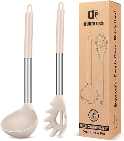 Silicone Pasta Fork and Ladle Spoon Set, Large Non Stick Kitchen Utensils for Cooking,Stirring,Serving Spaghetti, Soup, Sauce (KHAKI)