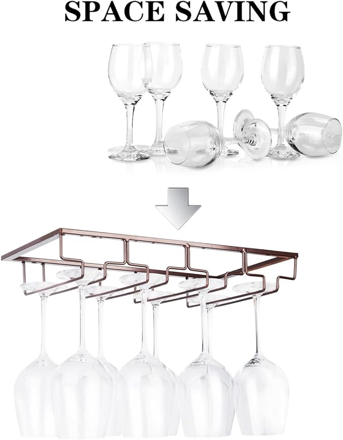 Wine Glass Rack Under Cabinet - Stemware Holder Metal Wine Glass Organizer Glasses Storage Hanger for Bar Kitchen Brown 4 Rows