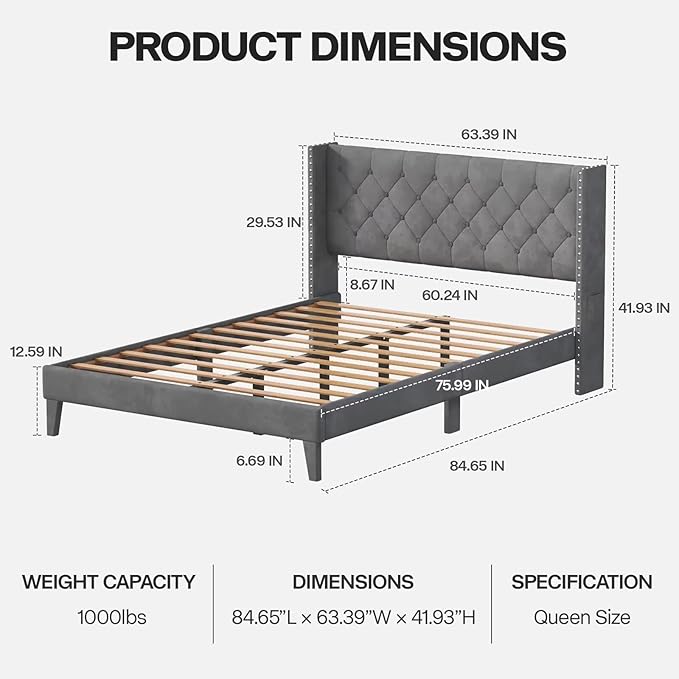 Queen Size Bed Frame with LED Lights, Upholstered Bed Frame with Wingback Diamond Tufted Headboard, Wood Slats Support, Noise-Free, Easy Assembly, No Box Spring Needed, Grey