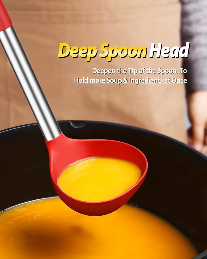 Silicone Pasta Fork and Ladle Spoon Set, Large Non Stick Kitchen Utensils for Cooking,Stirring,Serving Spaghetti, Soup, Sauce (RED)