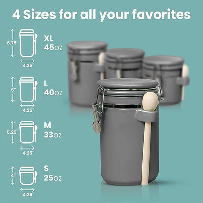 Home Intuition 4-Piece Ceramic Kitchen Canisters Set, Airtight Containers with Wooden Spoons Reusable Chalk Labels and Marker for Sugar, Coffee, Flour, Tea (Grey)