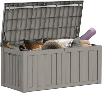 Mars Villa 119 Gallon Outdoor Storage Box Waterproof, Large Resin Deck Box for Pool Supplies Storage, Outdoor Patio Furniture Cushions, with Hydraulic Hinge, UV-Resistant and Weatherproof, Greige
