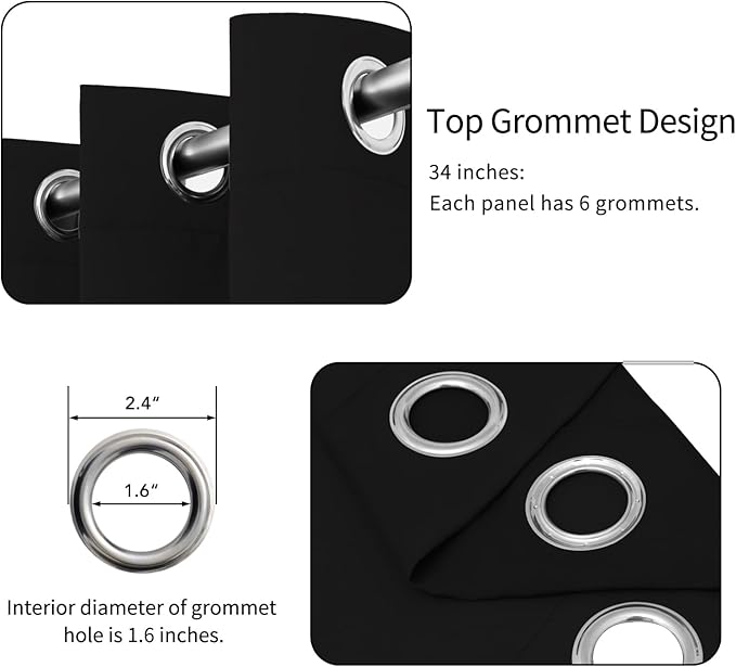 Easy-Going Blackout Curtains for Bedroom, Solid Thermal Insulated Grommet and Noise Reduction Window Drapes, Room Darkening Curtains for Living Room, 2 Panels (34x72 in, Black)