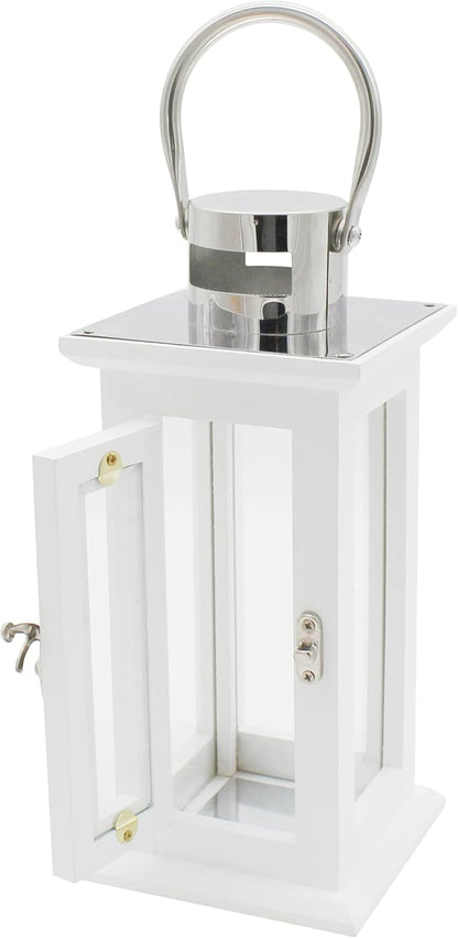 CVHOMEDECO. Decorative Elegant Wood Hurricane Candle Lantern with Stainless Top and Glass Inserts for Home Patio Outdoor Decor. White, Set of 2