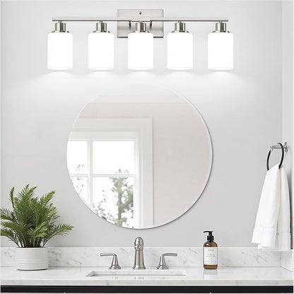 5-Light Brushed Nickel Bathroom Vanity Light with Milky White Frosted Glass Shades, Modern Bathroom Light Fixtures, Up/Down Reversible Lighting for Mirror, Bedroom, Kitchen, Living Room, Hallway
