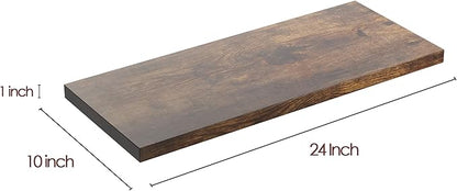Wall Shelf Set of 2, Rustic Brown Floating Shelves 24 in W x 10 in D x 1 in H, Wooden Floating Wall Shelf with Invisible Brackets for Living Room/Bedroom/Bathroom/Kitchen Storage and Decor
