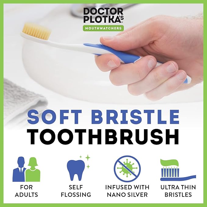 MOUTHWATCHERS Soft Flossing Manual Toothbrush for Adults, 2 Pack, Green, Ultra Clean, Good for Sensitive Teeth and Gums, by Dr. Plotka's