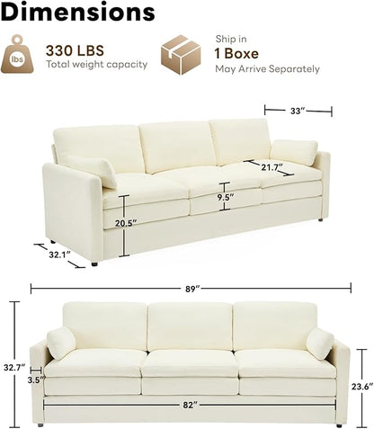 Tbfit Modern Couch Sofa, 89" Cloud Couch w/Pillows, Pocketed Spring Seat, Comfy 3-Seater Plush Foam Cushions, Chenille Fabric Removable Covers, Soft Upholstered Living Room Furniture Apartment, Beige