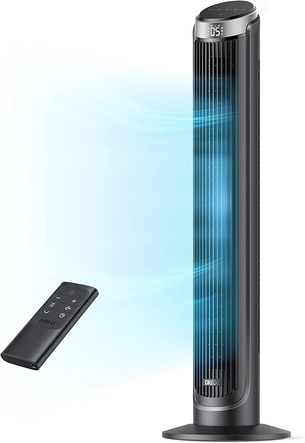 Dreo Tower Fan for Bedroom, 90° Oscillating Fans that Blow Cold Air, 5 Speeds, 4 Modes with 26ft/s Velocity, 12H & 28dB Quiet Timer, Remote, Touch, 40" Standing Floor Fan for Home Office, Black
