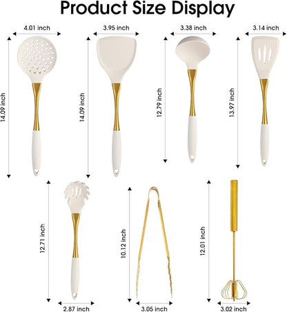 Elegant White Gold Silicone Cooking Utensils Set - Non-Toxic, Dishwasher Safe Kitchen Utensils Set with Heat Resistant Comfort Handles - Includes Spatula & Spoon for Nonstick Cookware