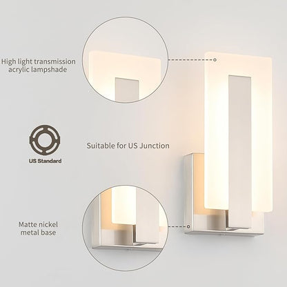 Joosenhouse LED Wall Sconce Set of 2, Hardwired Dimmable Wall Mounted Lights, Indoor Wall Lights for Hallway, Bedroom, Study, Living Room, 9.76 Inch Brushed Nickel Wall Sconce Lighting