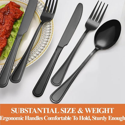 20 Pcs Black Silverware Set for 4 with Simple Striped Handle Design, Food Grade Stainless Steel Flatware Set, Eating Utensils Sets Include Fork/Knife/Spoon, Cutlery Set, Dishwasher Safe