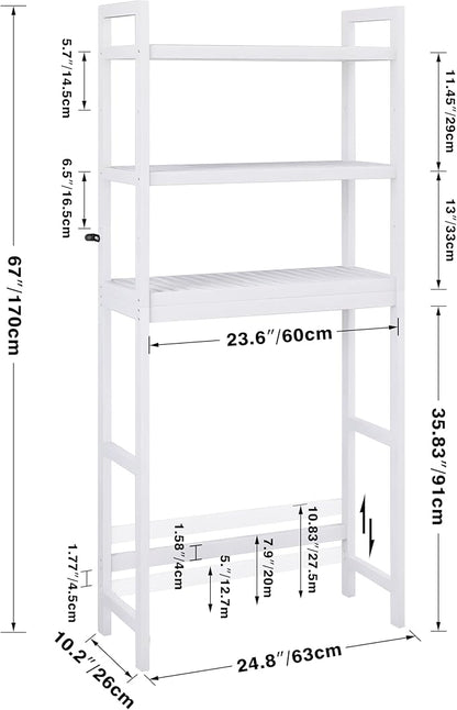 SMIBUY Bathroom Storage Shelf, Bamboo Over-The-Toilet Organizer Rack, Freestanding Toilet Space Saver with 3-Tier Adjustable Shelves (White)