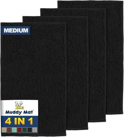 Muddy Mat® 4-Piece Black Medium 30"X19" AS-SEEN-ON-TV Highly Absorbent Microfiber Door Mat, Bath Mat and Pet Rug, Non Slip Thick Washable, Soft Chenille for Kitchen Bathroom Bedroom Indoor and Outdoor