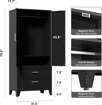 71'' Farmhouse Metal Wardrobe Cabinet with Hanging Rod, 2 Barn Door Wardrobe Closet with Adjustable Shelves,2 Drawer,for Dining Room,Bedroom,Living Room, Cloak Room,Office (Black)