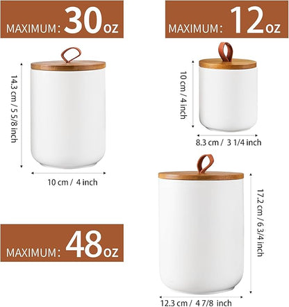 Ceramic Canister Set for Kitchen, 3pcs White Ceramic Kitchen Canisters for Countertop with Airtight Wood Lids, Large Flour and Sugar Containers for Coffee, Tea, Spice