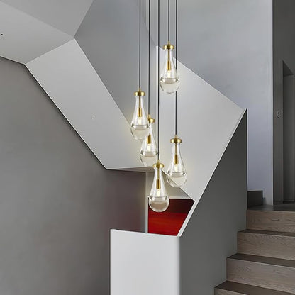 Gold 5 Light Cluster Pendant Lighting, Raindrop Chandeliers Brass Dining Room Lights Fixture, Teardrop Pendant Lights Kitchen Island, Hanging Lamp Ceiling for Entryway Foyer Staircase
