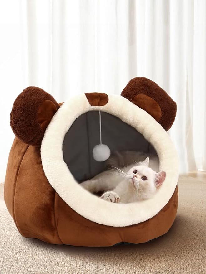 Cat Beds for Indoor Cats - Cat Bed Cave with Removable Washable Cushioned Pillow, Soft Plush Premium Cotton No Deformation Pet Bed, Roomy Bear Cat House Design, Multiple Sizes-L