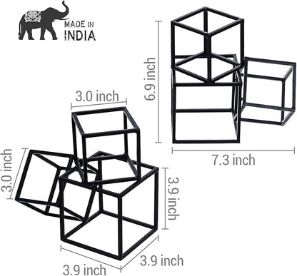 MyGift Modern Matte Black Metal Geometric Bookends in 3 Cube Frame Design, Decorative Book Stands for Home Library Bookshelf Office Desk, 1 Pair, Handcrafted in India