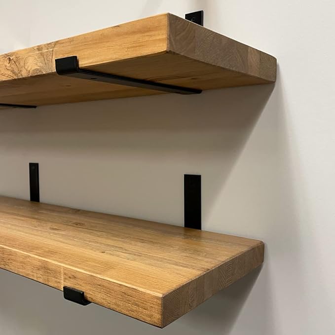 Rustic Shelves with J-Brackets Set of 2, Industrial Shelf, Kitchen Shelves, Solid Wood, Decorative Wall Storage, Heavy Duty, URBANDI (Brown, 48Wx12D)
