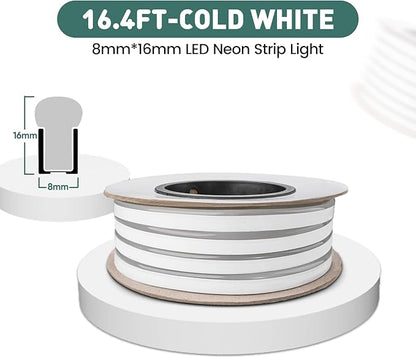 GZBtech Flexible LED Neon Rope Lights 16.4FT,AC 110-120V Waterproof Strip Light, 120 LEDs/M Cuttable Connectable Neon Lighting for Indoor Outdoor Home Decor/Commercial Building Use-Cold White 5M