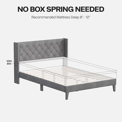 Queen Size Bed Frame with LED Lights, Upholstered Bed Frame with Wingback Diamond Tufted Headboard, Wood Slats Support, Noise-Free, Easy Assembly, No Box Spring Needed, Grey