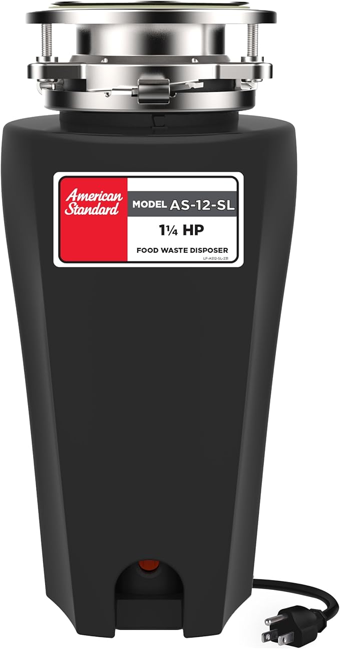 American Standard 10-US-AS-12-SL Garbage Disposal Anti-Jam Stainless Steel Food Waste Grinding System, Slim Line, 1.25 HP, Black