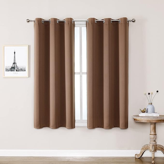 ChrisDowa Small Window Curtains 50 inches Long for Bedroom - Grommet Short Thermal Insulated Room Darkening Curtains for Kitchen (2 Panels, Cappuccino, 29 x 50 Inch)