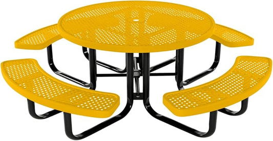 Heavy-Duty Portable Outdoor Kids Table with Umbrella Hole, Punched Steel Kids Picnic Table, Commercial-Grade, Made in America (46 in, Round, Childrens, Textured Yellow)