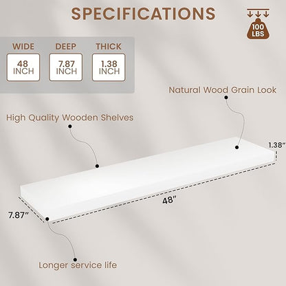 White Floating Wood Shelves for Wall 48 Inch, 8 in Deep Pine Shelf Floating Home Decor, Heavy Duty Shelf Hold 100 lbs, Wall Shelves for Bathroom Living Room Kitchen Bedroom Office Book, Set of 2