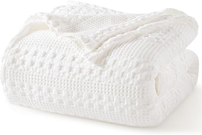 PHF 100% Cotton Waffle Weave Blanket King Size, Soft Lightweight Breathable Cozy Summer Blankets for Bed, Luxury Aesthetic Woven Bedding for Home Decor, 108"x90", White