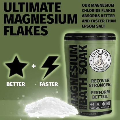 Coach Soak: Recovery Bath Soak – Rejuvenating Post Workout Natural Magnesium Flakes - 21 Minerals, Essential Oils & Dead Sea Bath Salts - Absorbs Faster Than Epsom Salts, 3lbs (Eucalyptus Tea Tree)