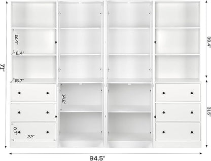 TUSY 71" Bookshelf Bookcase, 3-Tier Modern Bookshelves 3 Large Drawer, Wood Filing Cabinet with Open Storage Shelf, Glass Doors 5-Tier Fixed Storage Shelves for Home Office (Wood)