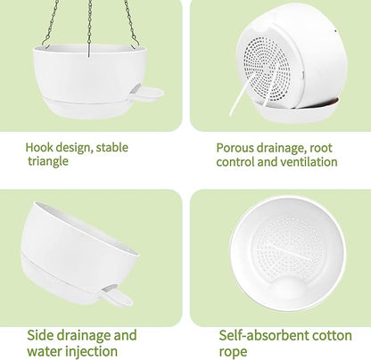 2 Pack Hanging Planters for Indoor Outdoor Plants, 8 Inch Self Watering Hanging Pot with Drainage Holes and Saucer, Plastic Plant Pots, White Flower Pots for Kitchen, Balcony, Garden