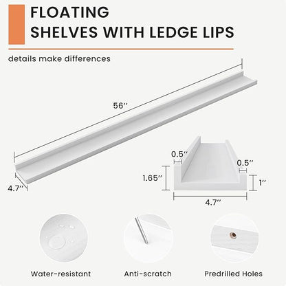 Solid Ash Wood Picture Ledge Shelf, Floating Shelves Set of 2, 56 Inch Long Large Ledge Shelves, Nursery Book Shelves Wall Mounted for Living Room Bedroom Kitchen Decor Kids Bookshelf, White