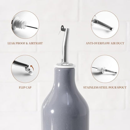 famiware Milkyway 16oz Ceramic Olive Oil Dispenser Bottle, Olive Oil and Vinegar Dispenser Bottle Set of 2 with Stainless Steel Pourers, Suitable for Storage Vinegar, Liquids, Dark Gray