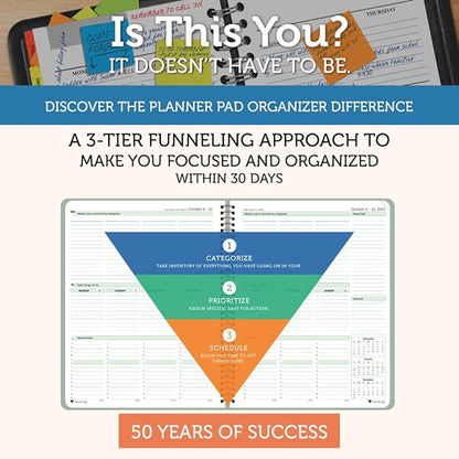 Planner Pad Spiral Bound 3-Tier Funnel Down 12 Month Organizer, October 2025 – September 2026, Greenish Grey Cover/Soft Green Ink, 8 1/2" x 11"