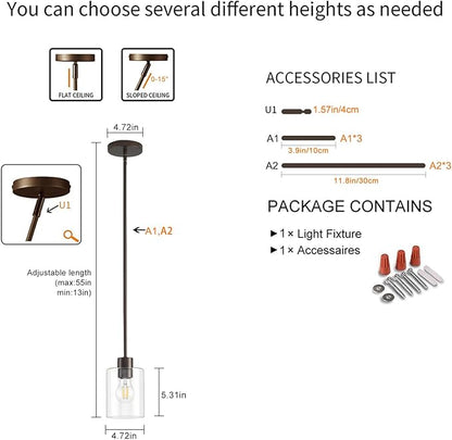 Oil Rubbed Bronze Pendant Lights Kitchen Island - Clear Glass Pendant Light Fixture Multiple Stems Rods 3 Units 12 Inch 3 Units 4 Inch (1 Pack Oil Rubbed Bronze Downrod)