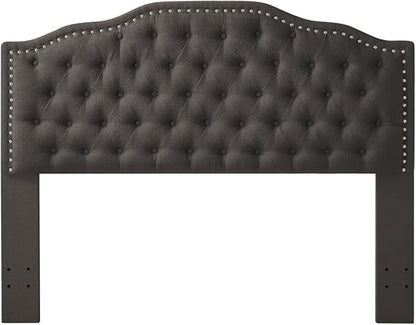 24KF Upholstered Button Tufted Queen Headboard with Nailhead Trim, Elegant Boucle Fabric Full headboard, 6031-Q-Boucle-Dark Gray