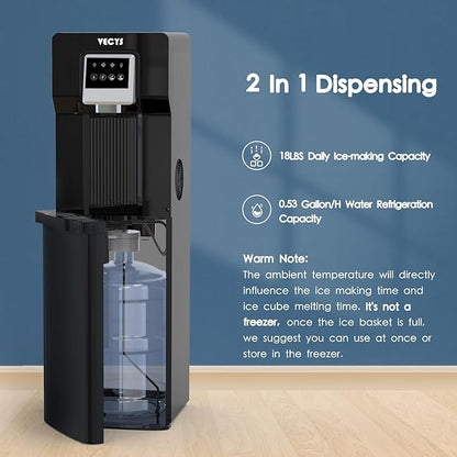 VECYS Bottom Loading Water Cooler with Ice Maker, Cold Water Supply with 18LBS Daily Ice Making, Compatible with 3 or 5 Gallon Bottles, Ideal for Home and Office (No Hot Water)