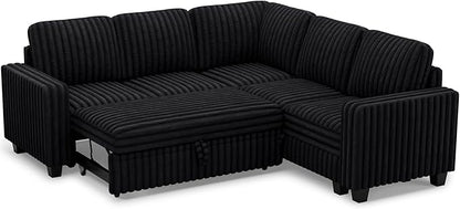 Belffin Plush Corduroy Modular Sectional Sofa with Pull Out Bed Convertible Small Sectional Corner Couch for Living Room Black Couch