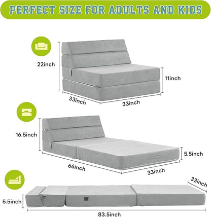 jela Foldable Sofa Bed Soft Foam Convertible Sleeper Chair Luxury Miss Fabric Fold Out Chair Bed Floor Couch with Back Support Floor Sofa for Living Room Bedroom (83"x33",Light Grey)