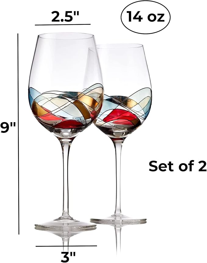 Bezrat Wine Glasses Hand Painted - Set of 2 - Women Wine Gift - Wine Lover Glass - Beautiful Glassware Gifts Ideas for Women Inspired by 'Duomo di Milano' Mothers Day - 12 oz (Red)