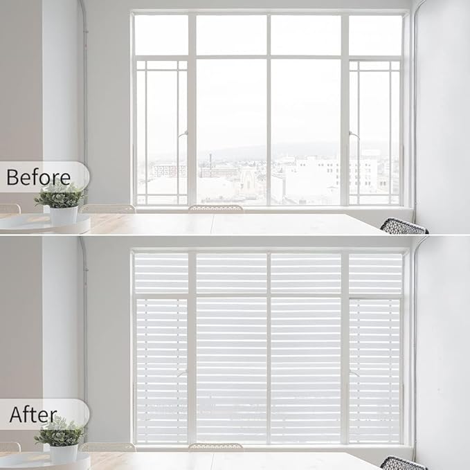 Window Privacy Film with Installation Tools, Stripe Window Film, Static Cling, Anti UV, Heat Control, Ideal for Home Shower Office Glass Door (Stripes Pattern, 29.6X78.7Inch)