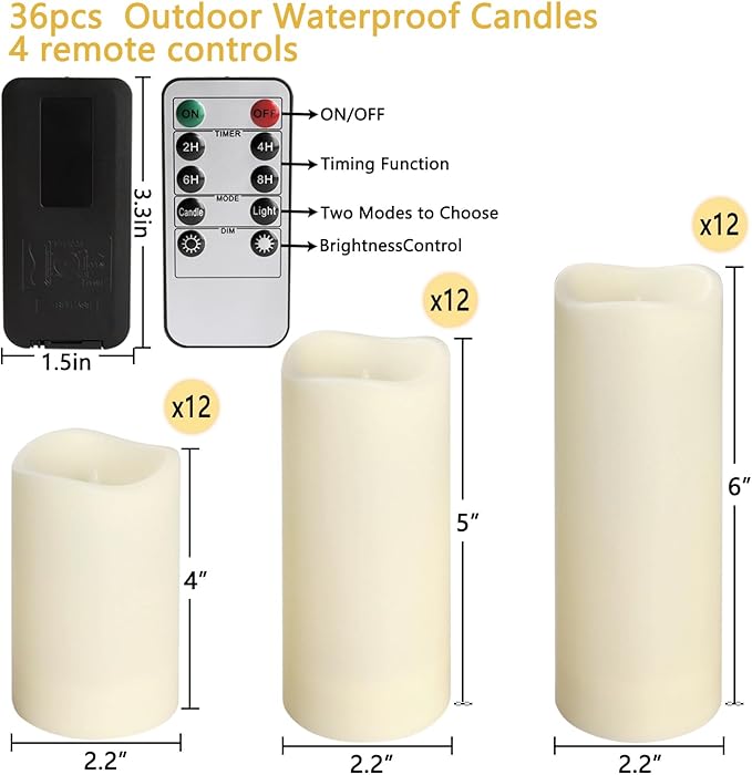 36-Pack Flickering Flameless Candles with Remote Control - LED Fake Candle Perfect for Wedding,Outdoor,Table,Halloween,Christmas Decor - Create a Magical Ambiance Effortlessly(Three Sizes)