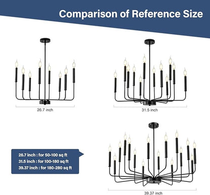 Modern Black Farmhouse Chandeliers, 12-Light Industrial Metal Chandelier Lighting, Classic Candle Hanging Pendant Light Fixtures for Living Room, Dining Room, Kitchen, Bedroom, Entryway