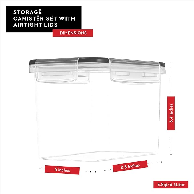 DWËLLZA KITCHEN Flour Sugar Storage Containers Set of 4; 3.6l Plastic Airtight Food Storage Containers with Lids for Kitchen Pantry Organization and Storage - Dry Food Containers, Labels & Marker